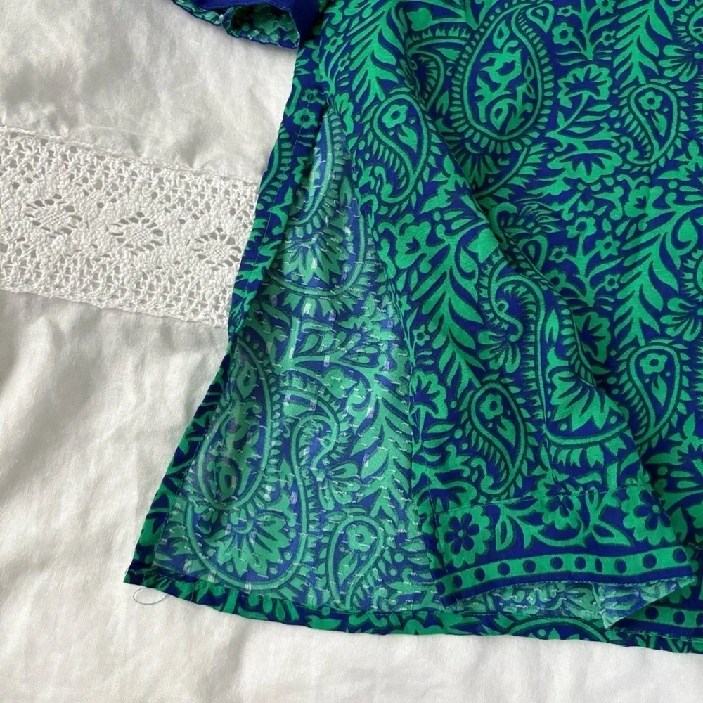 Green Blue Tunic Mini Shift Dress Large 3/4 sleeves boho chic paisley v neck - Picture 4 of 5